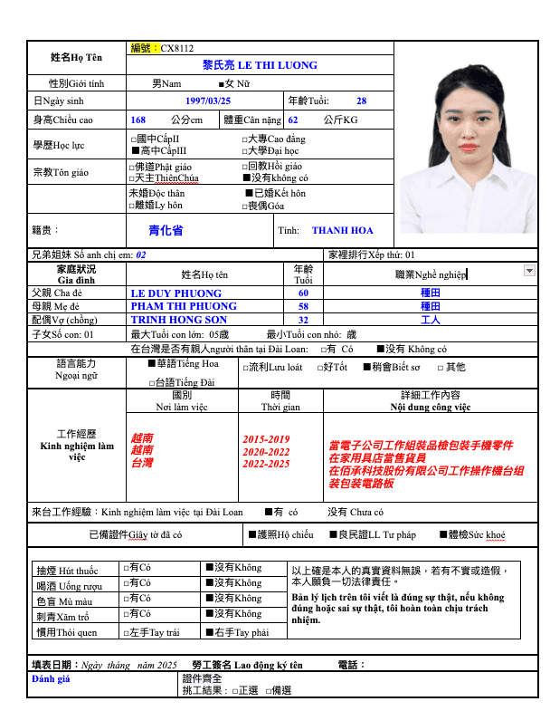 黎氏亮 LE THI LUONG示意圖