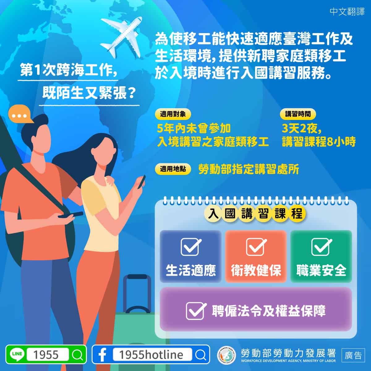 移工宣導｜第1次跨海工作， 既陌生又緊張？(移工一站式服務-講習內容)-多國語示意圖