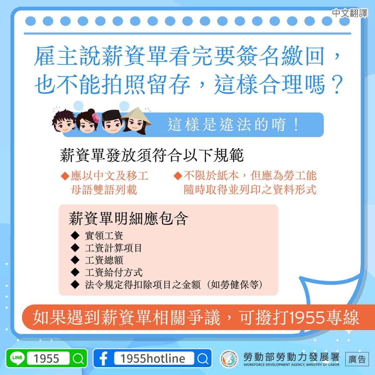 移工宣導｜薪資單發放規範-多國語言示意圖