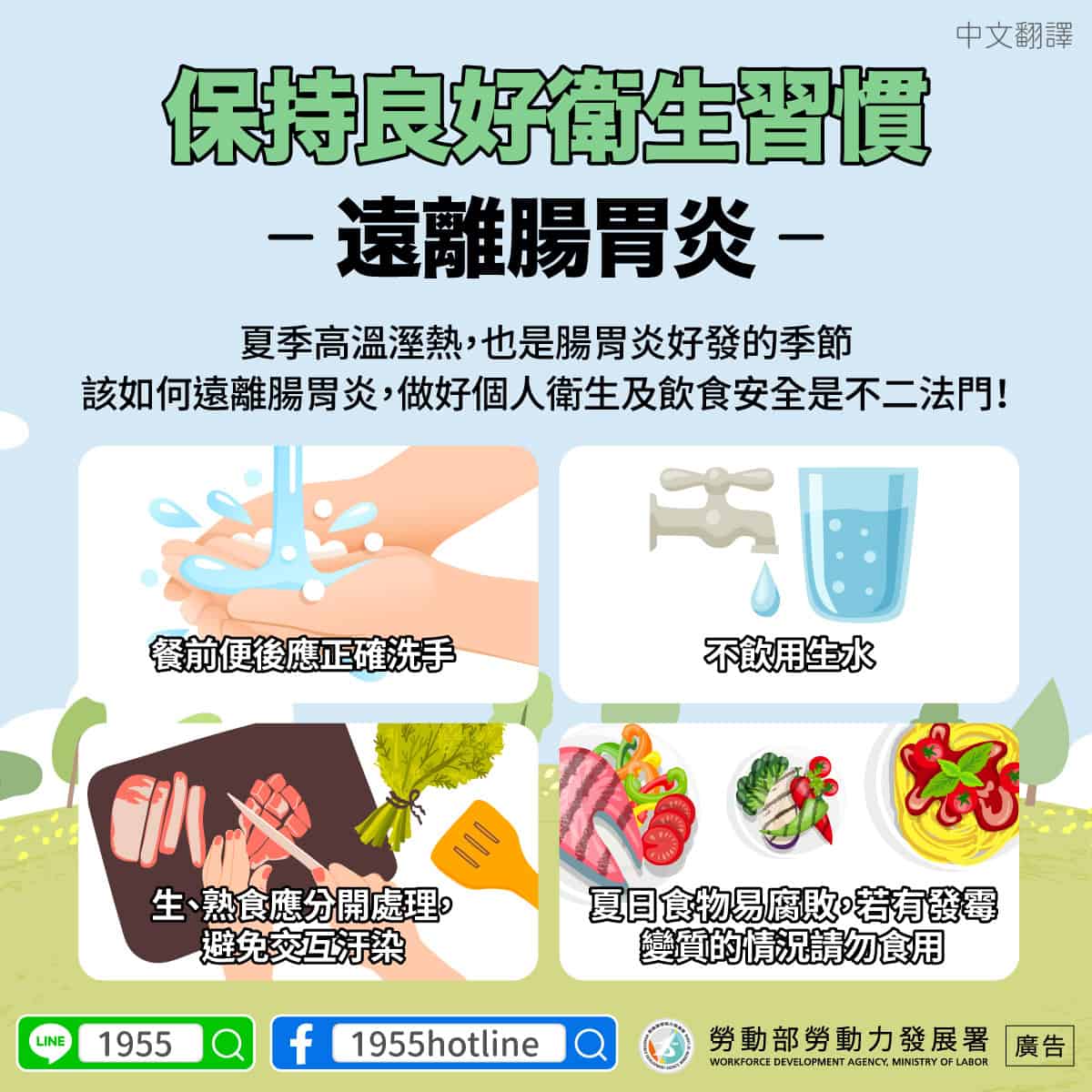 移工宣導｜保持良好衛生習慣，遠離腸胃炎-多國語示意圖