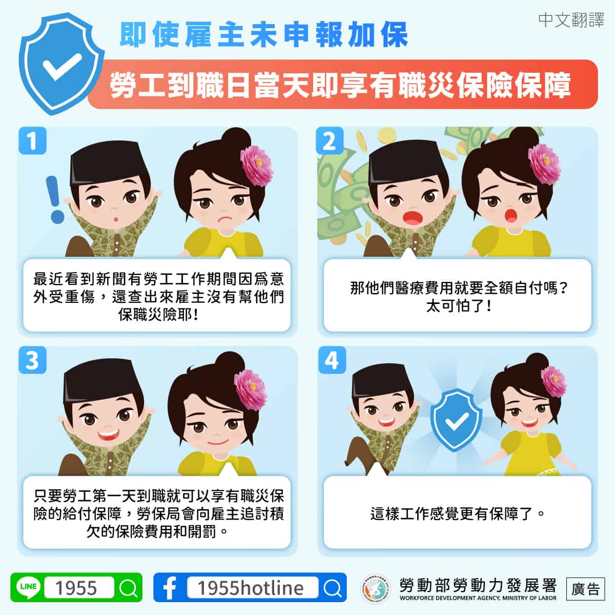 移工宣導｜即使雇主未申報加保，勞工到職日當天即享有職災保險保障-多國語示意圖