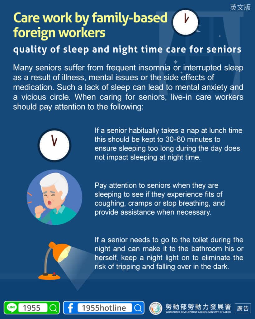 移工宣導｜家事移工照顧工作 長者睡眠品質與夜間照護-多國語示意圖