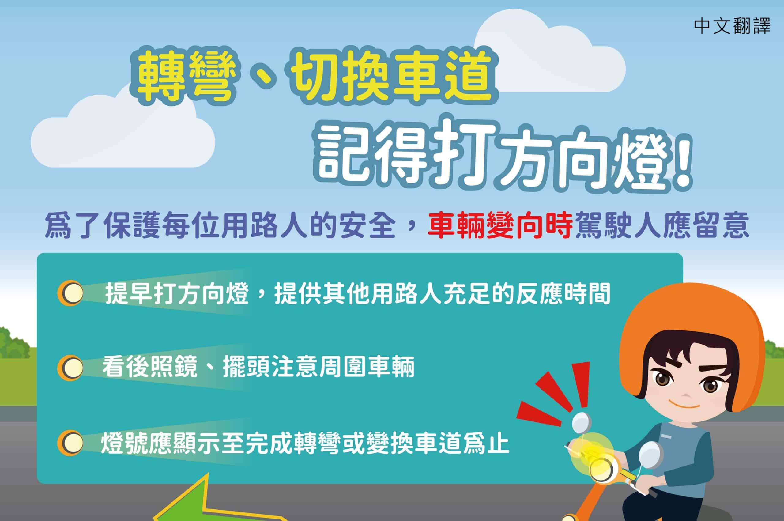 移工宣導｜轉彎、切換車道記得打方向燈-多國語示意圖