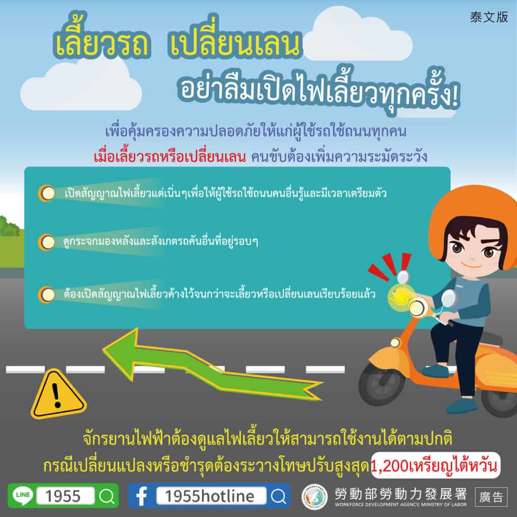 移工宣導｜轉彎、切換車道記得打方向燈-多國語示意圖