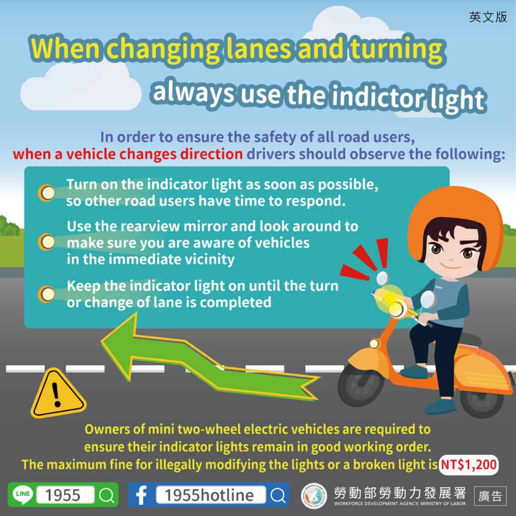 移工宣導｜轉彎、切換車道記得打方向燈-多國語示意圖