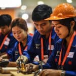 工人學習木工技能，展現21世紀全球外勞集團專業工作能力。.