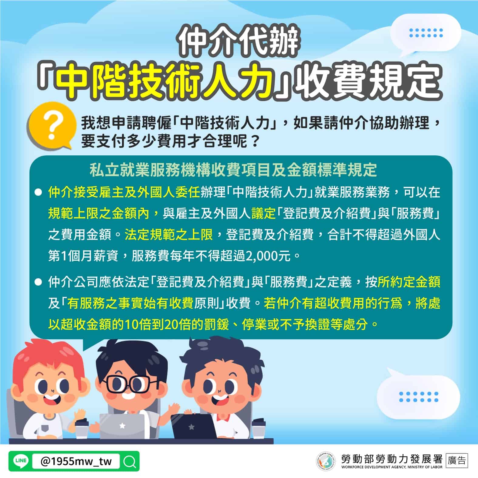 中階移工｜仲介代辦「中階技術人力」收費規定示意圖