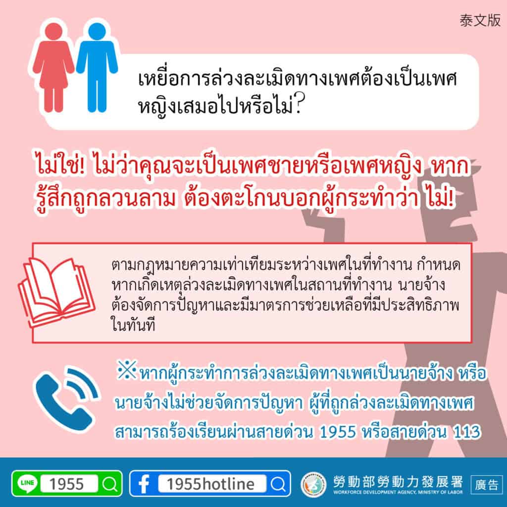 移工宣導｜性騷擾的受害者一定是女生嗎？-多國語示意圖