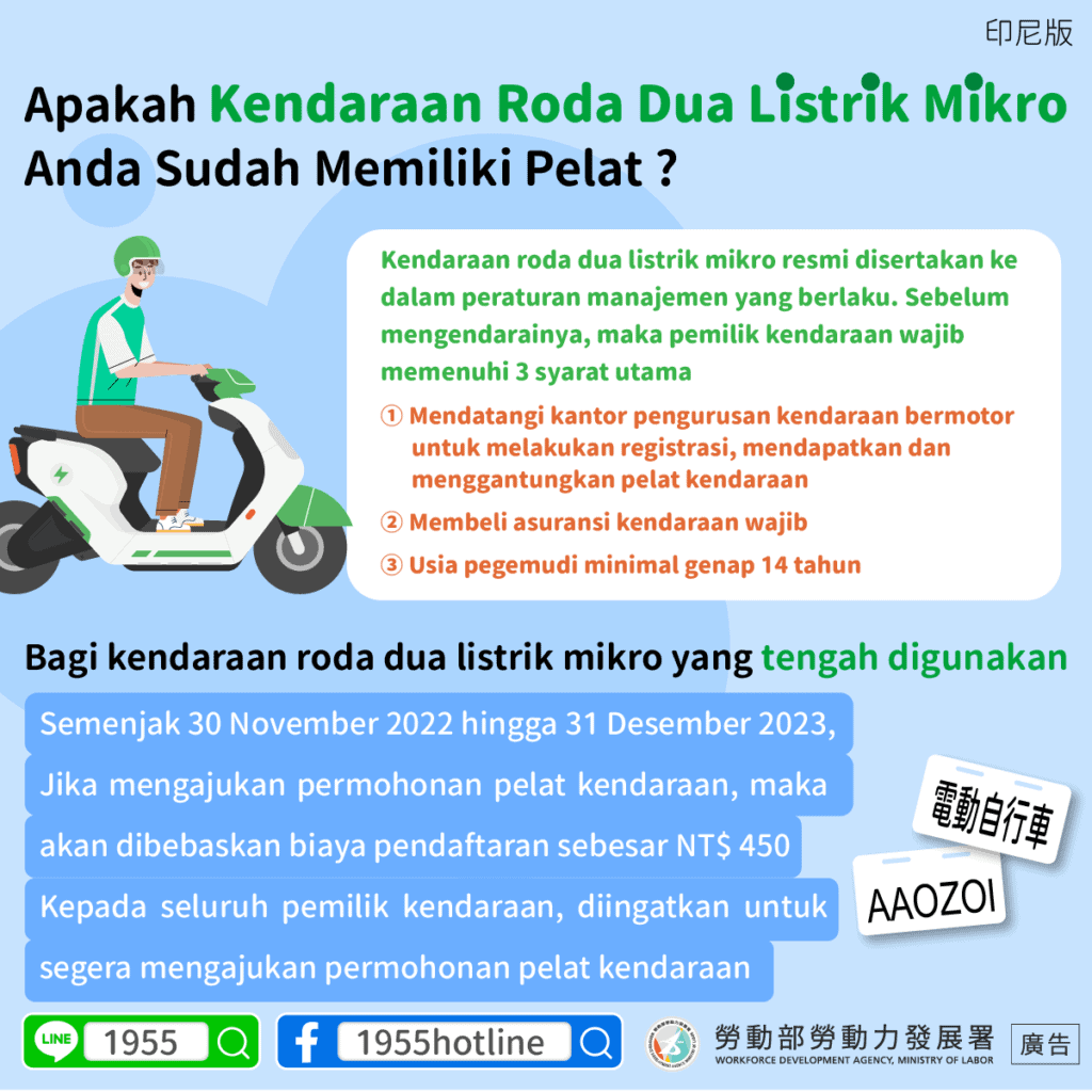 移工宣導｜你的微型電動二輪車領牌了嗎-多國語示意圖