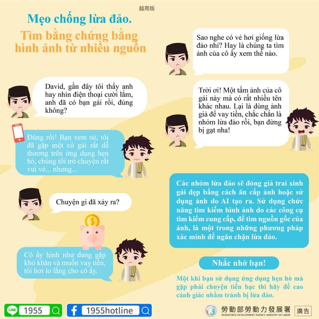 移工宣導｜防詐騙小訣竅 以圖搜圖多方求證-多國語示意圖