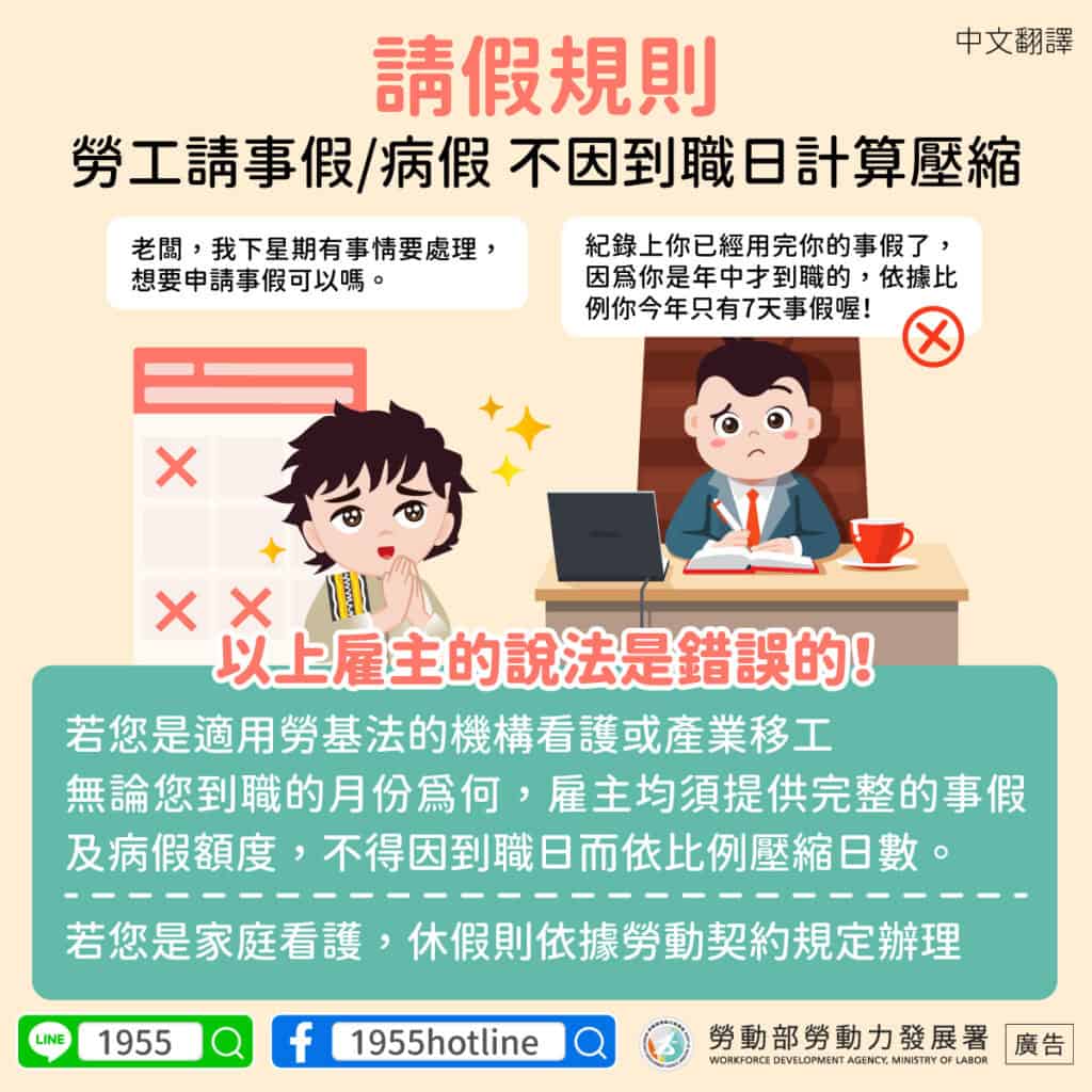 移工宣導｜請假規則-多國語示意圖