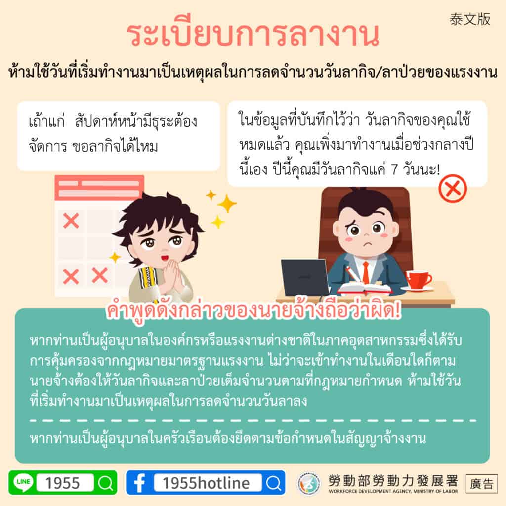 移工宣導｜請假規則-多國語示意圖