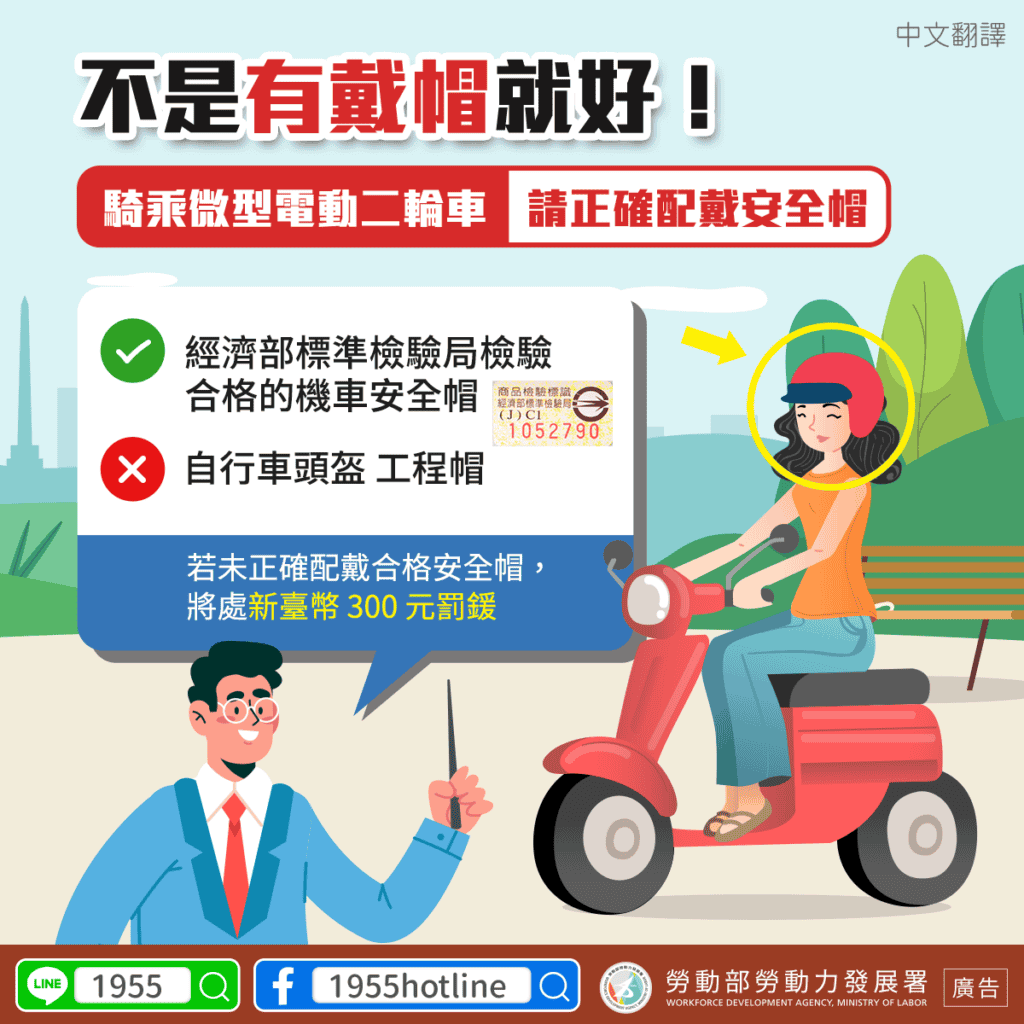 移工宣導｜騎乘電動自行車應配戴合格安全帽-多國語示意圖
