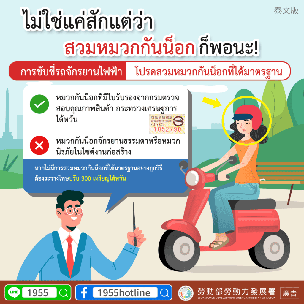 移工宣導｜騎乘電動自行車應配戴合格安全帽-多國語示意圖