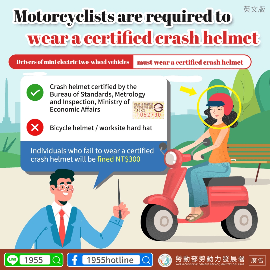 移工宣導｜騎乘電動自行車應配戴合格安全帽-多國語示意圖