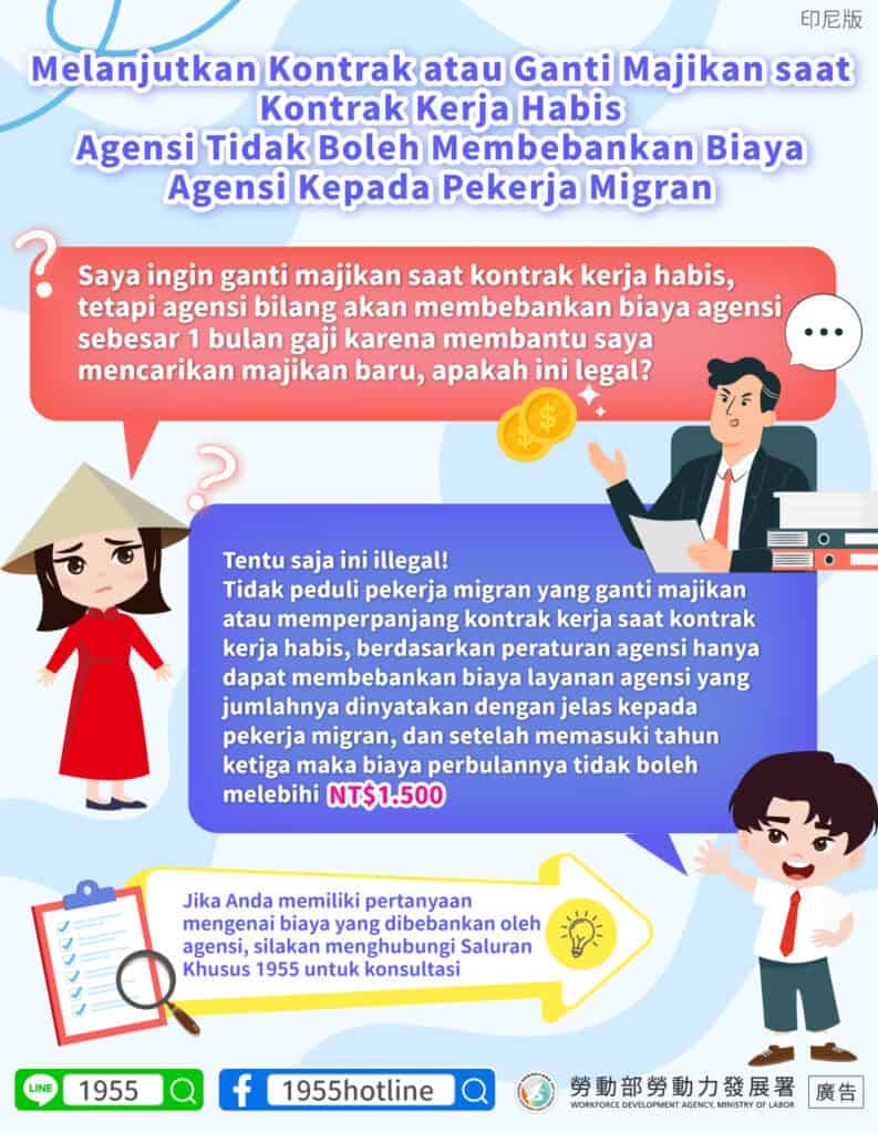 外籍移工｜期滿續聘或轉換雇主 仲介均不得向移工收取仲介費-多國語示意圖