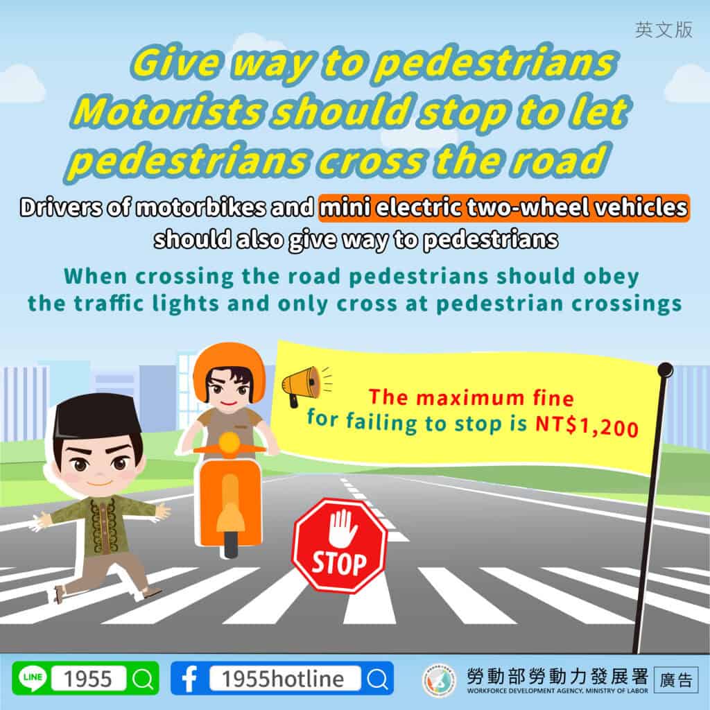 移工宣導｜交通安全宣導-行人優先-多國語示意圖