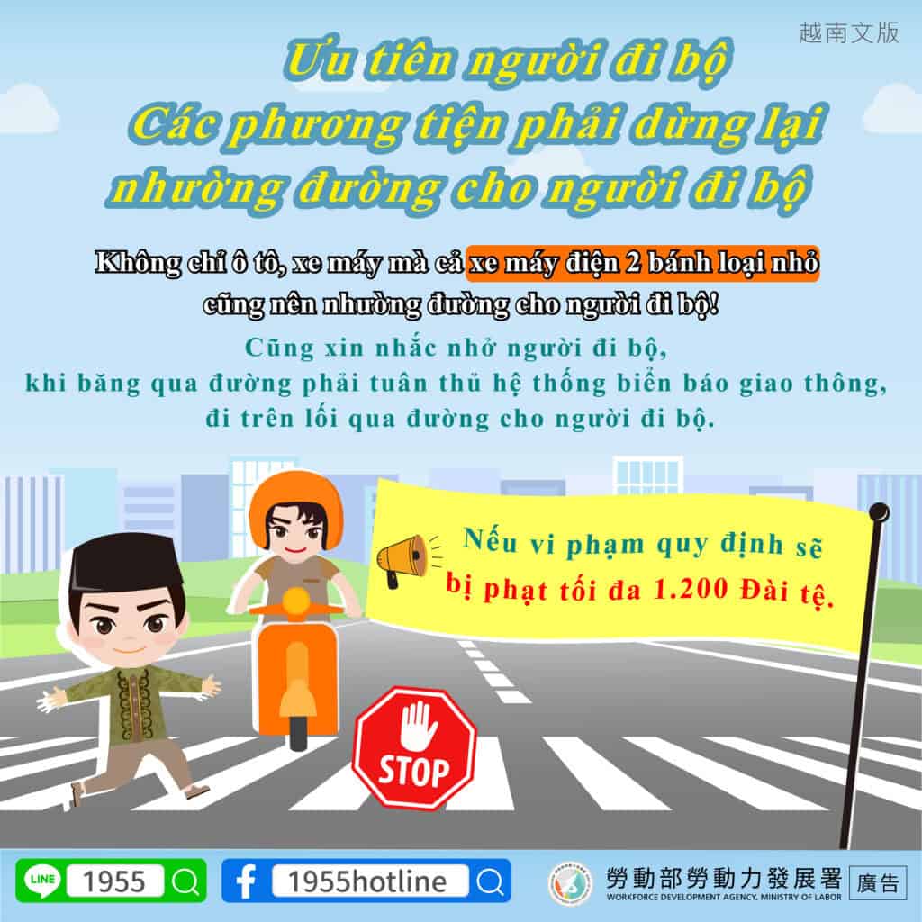 移工宣導｜交通安全宣導-行人優先-多國語示意圖