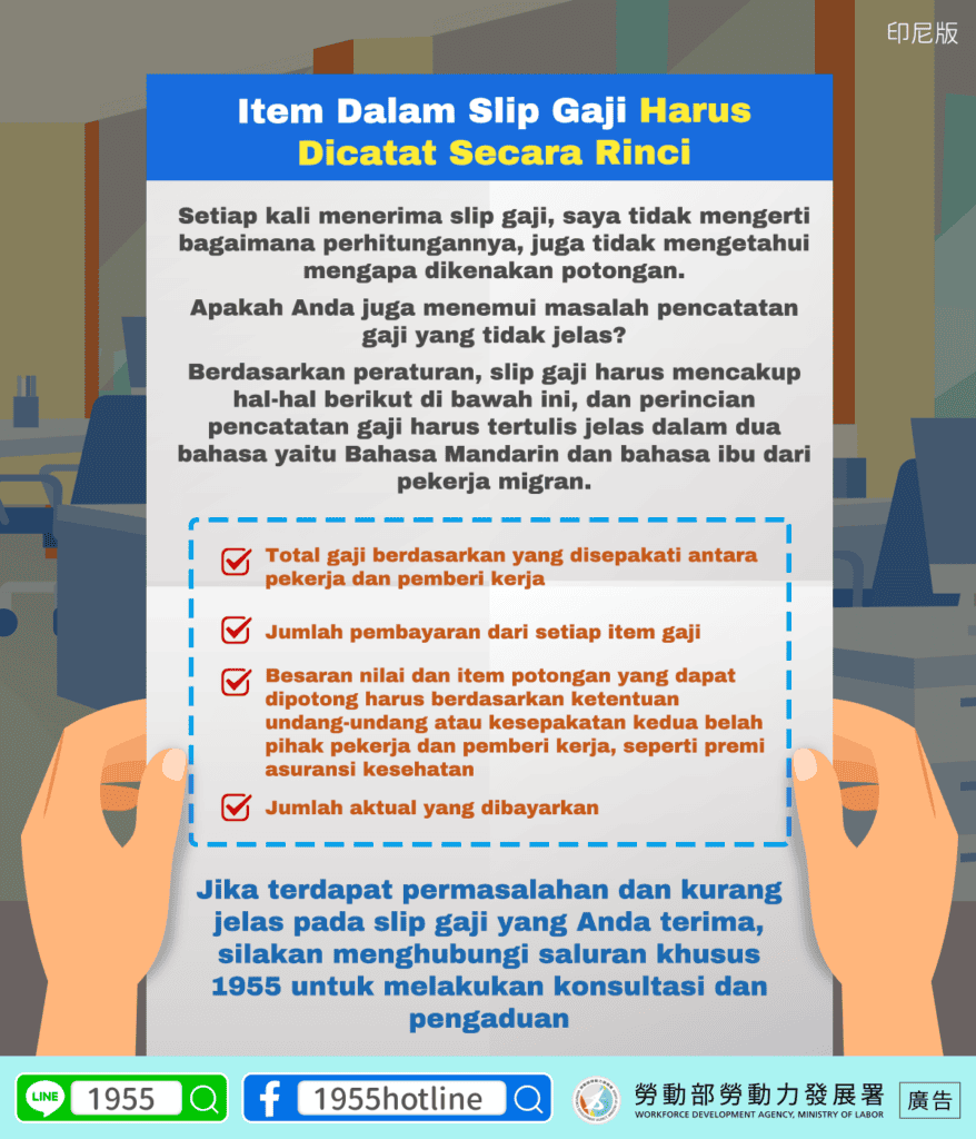 移工宣導｜薪資單項目應詳實記載-多國語示意圖