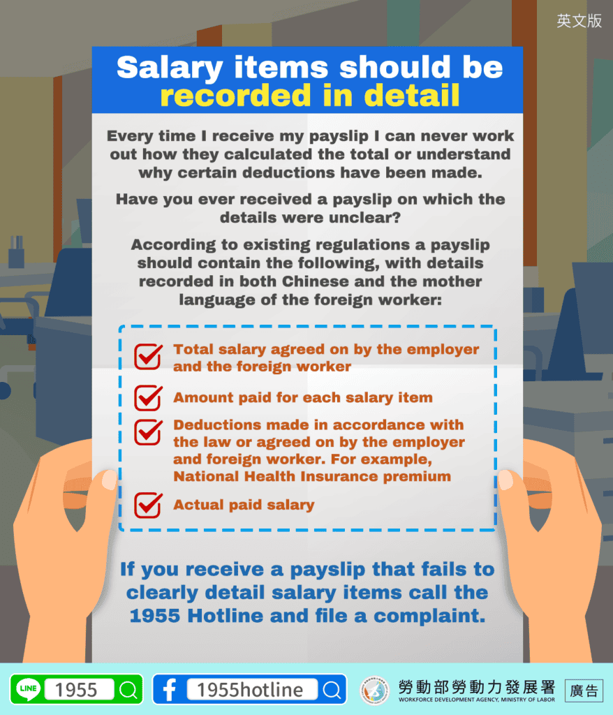 移工宣導｜薪資單項目應詳實記載-多國語示意圖