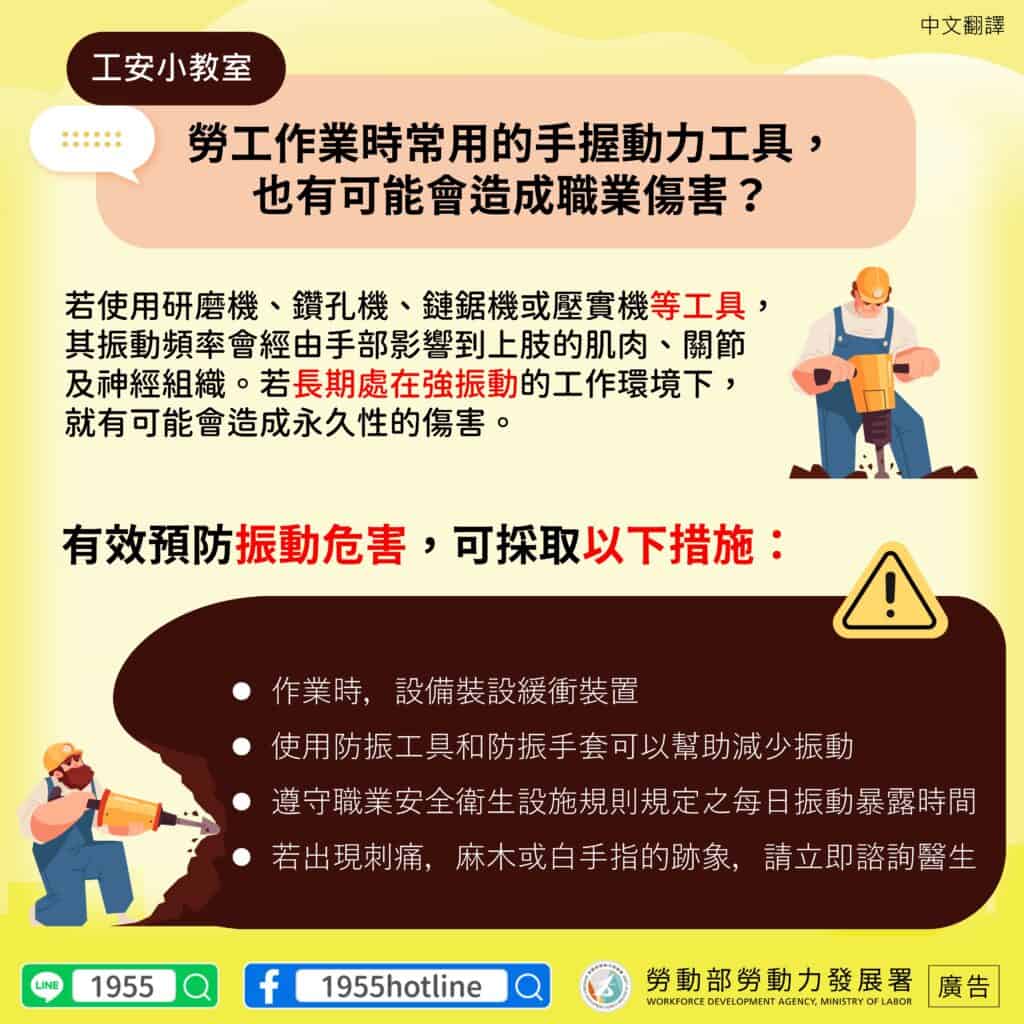 移工宣導｜勞工作業時常用的手握動力工具，也有可能會造成職業傷害-多國語示意圖