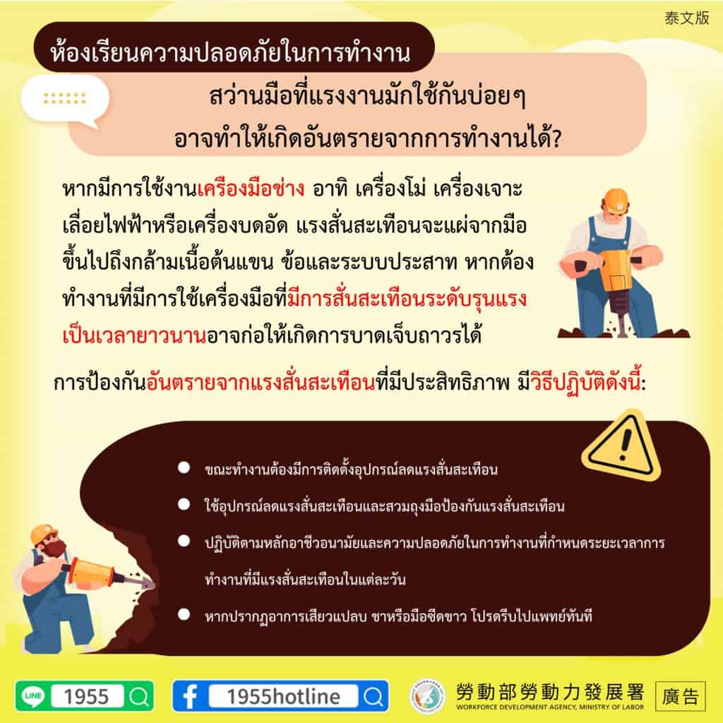 移工宣導｜勞工作業時常用的手握動力工具，也有可能會造成職業傷害-多國語示意圖