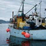 渡輪上的漁船，海上捕魚工作，展現21世紀全球外勞集團的多元海洋勞動力量。.