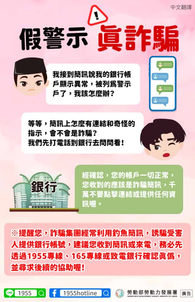 移工宣導｜釣魚簡訊詐騙宣導-多國語示意圖