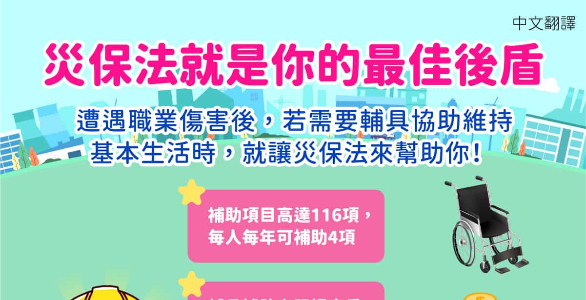 移工宣導｜災保法就是你的最佳後盾-多國語示意圖