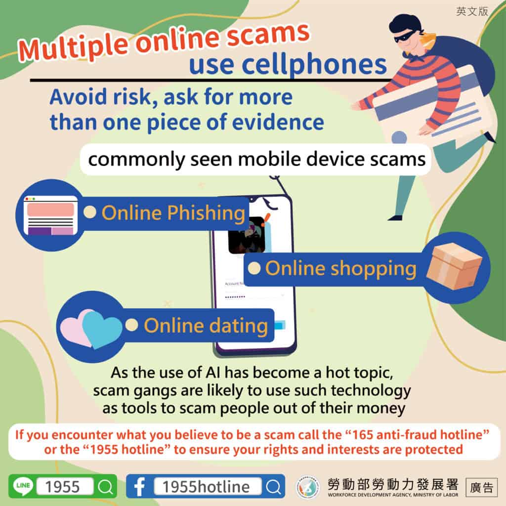 移工宣導｜網路詐騙－當心AI科技-多國語示意圖
