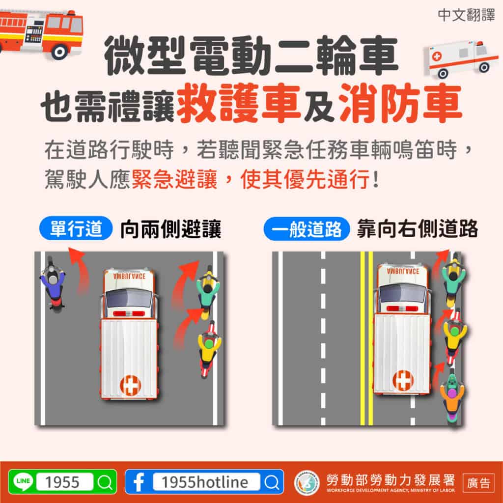 移工宣導｜微型電動二輪車也需禮讓救護車及消防車-多國語示意圖