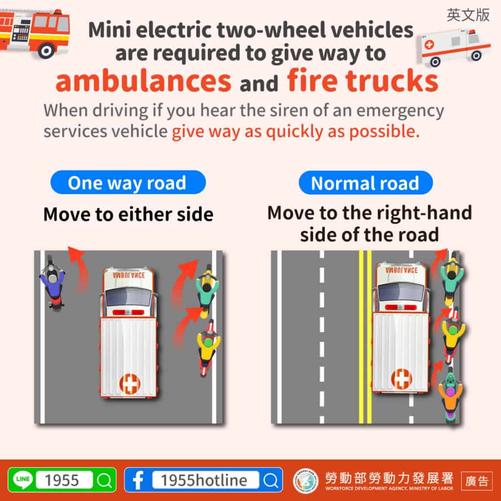 移工宣導｜微型電動二輪車也需禮讓救護車及消防車-多國語示意圖
