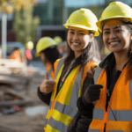 專業外勞工地建設工人穿著安全帽和亮色安全背心展現團隊合作.