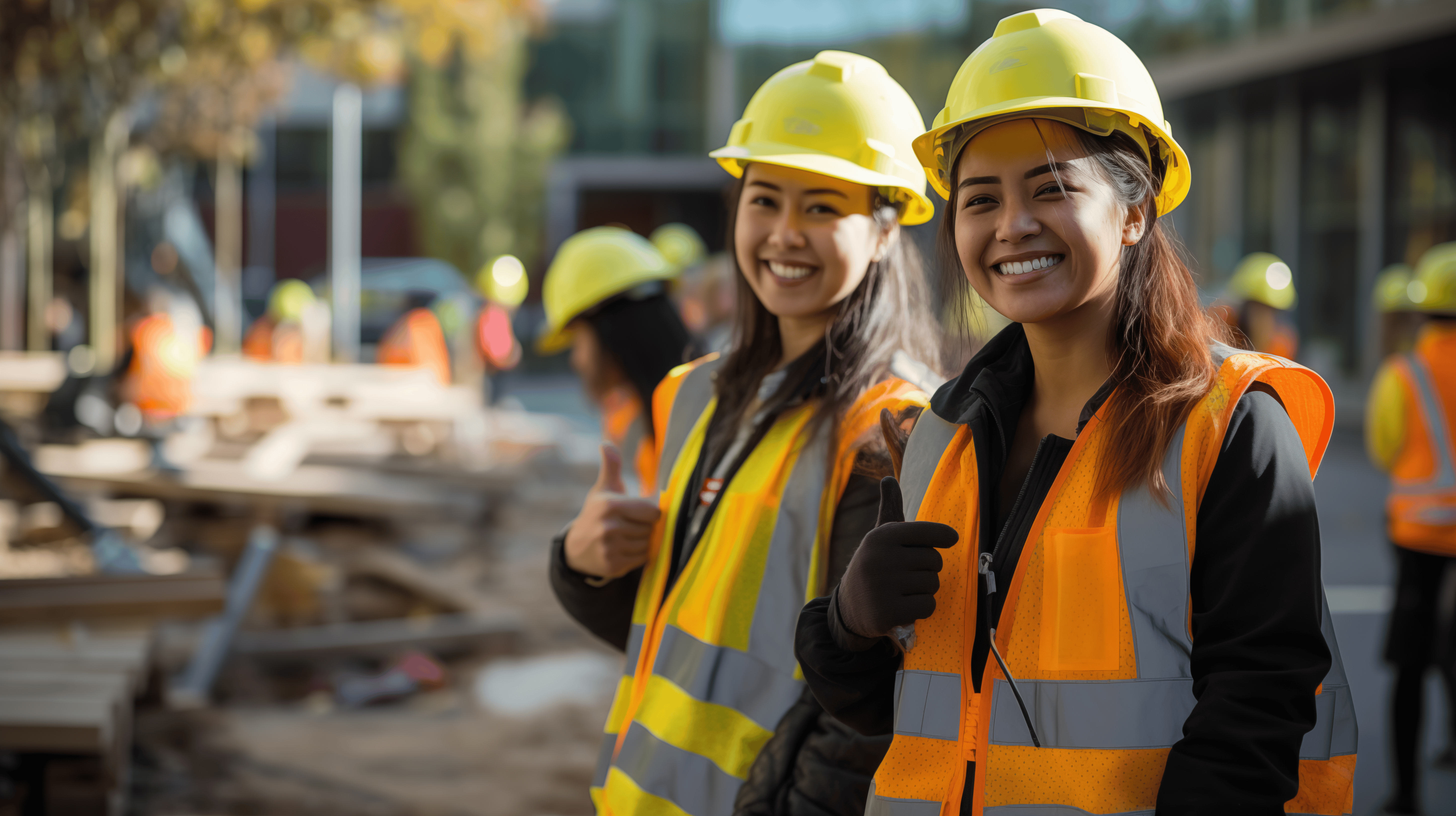 專業外勞工地建設工人穿著安全帽和亮色安全背心展現團隊合作.