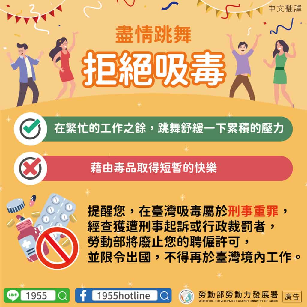 移工宣導｜娛樂場所毒品防制-多國語示意圖
