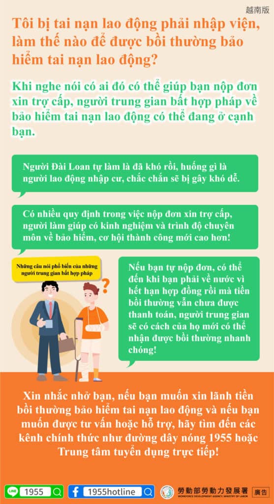 移工宣導｜因為工作受傷住院， 不知道該怎麼申請職災理賠保險？-多國語言示意圖