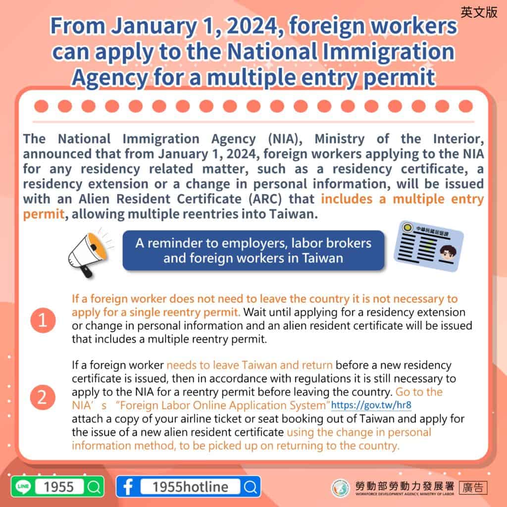 移工宣導｜內政部移民署公告移工自113年1月1日起得申請多次重入國許可-多國語示意圖