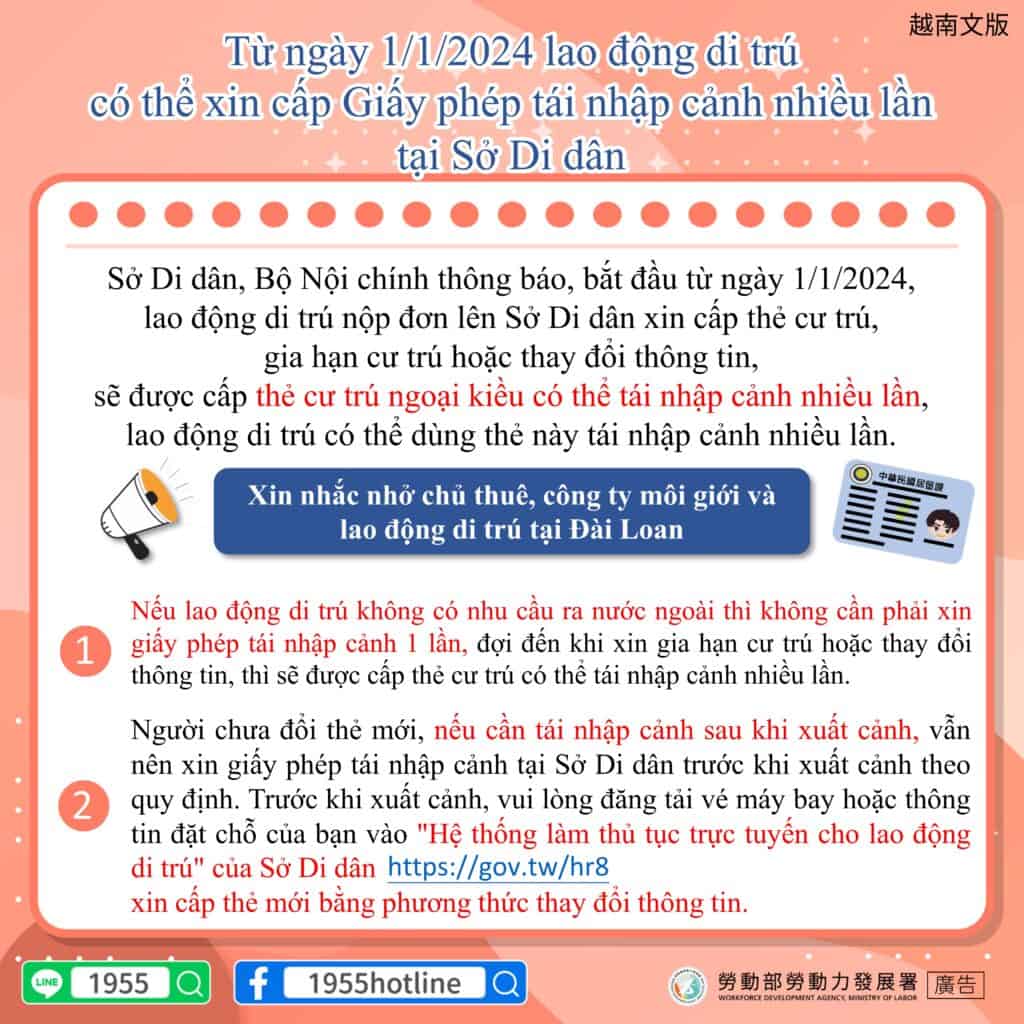 移工宣導｜內政部移民署公告移工自113年1月1日起得申請多次重入國許可-多國語示意圖