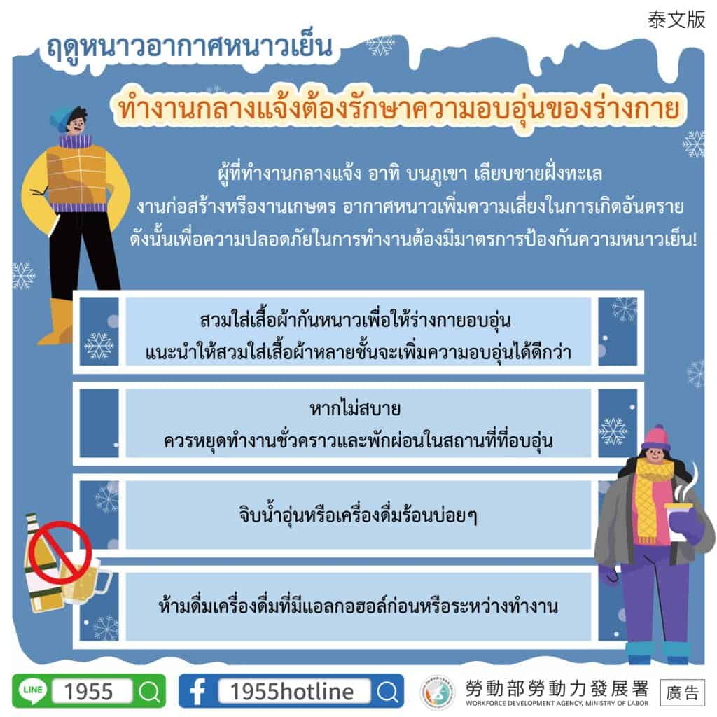 移工宣導｜冬季嚴寒，戶外工作者要注意保暖-多國語示意圖
