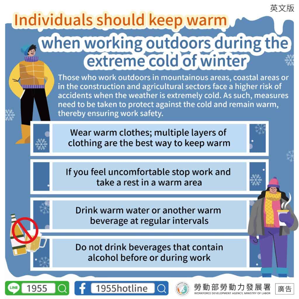 移工宣導｜冬季嚴寒，戶外工作者要注意保暖-多國語示意圖