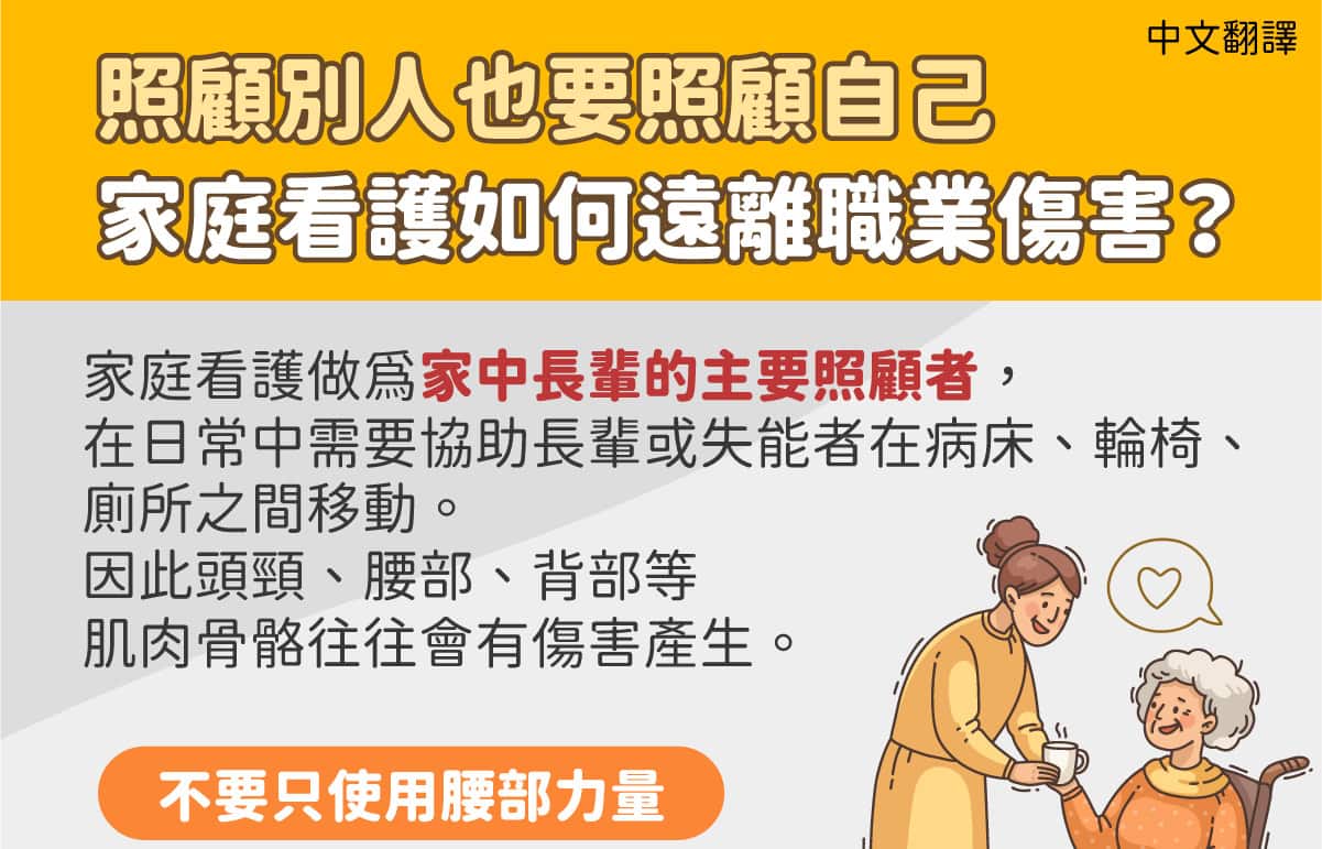 移工宣導｜照顧別人也要照顧自己，家庭看護如何遠離職業傷害？-多國語言示意圖