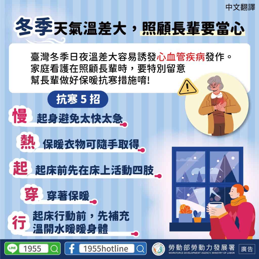 移工宣導｜冬季天氣溫差大，照顧長輩要當心-多國語示意圖
