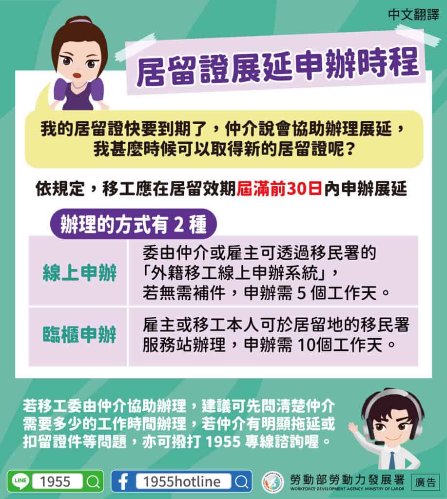 移工宣導｜居留證展延申辦時程-多國語示意圖