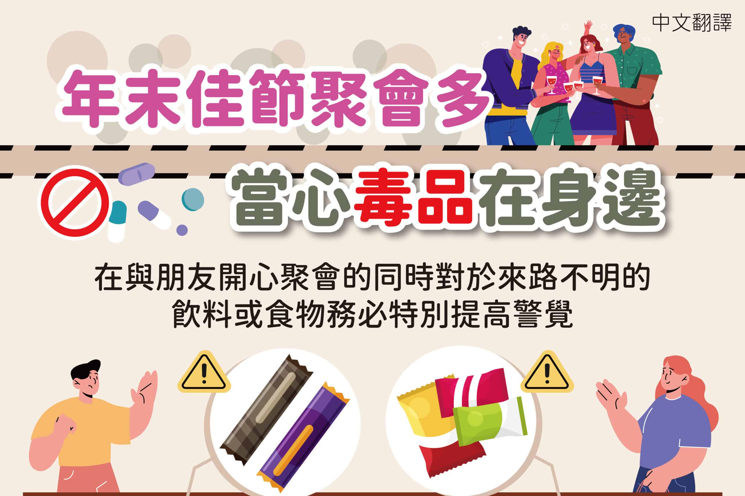 移工宣導｜年末佳節聚會多 當心毒品在身邊-多國語示意圖