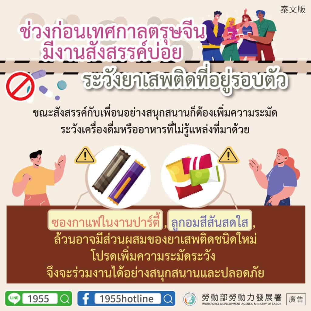移工宣導｜年末佳節聚會多 當心毒品在身邊-多國語示意圖