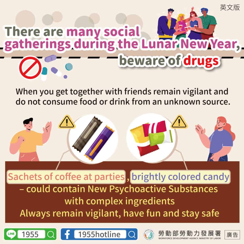 移工宣導｜年末佳節聚會多 當心毒品在身邊-多國語示意圖