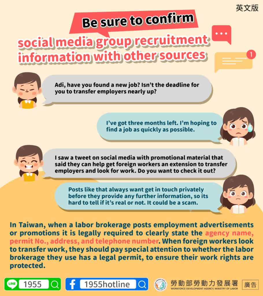 移工宣導｜招工社群/社團資訊應當心求證-多國語示意圖