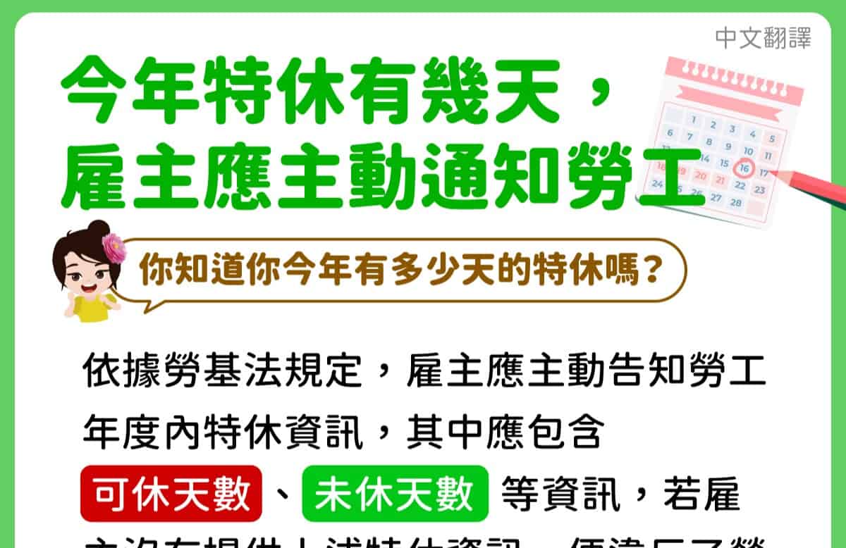 移工宣導｜今年特休有幾天，雇主應主動通知勞工-多國語示意圖