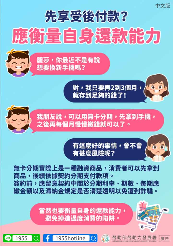 移工宣導｜先享受後付款？應衡量自身還款能力-多國語示意圖