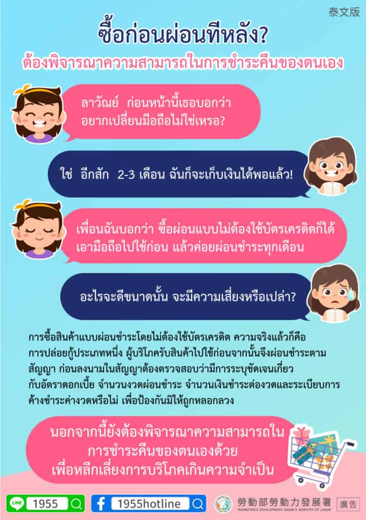 移工宣導｜先享受後付款？應衡量自身還款能力-多國語示意圖